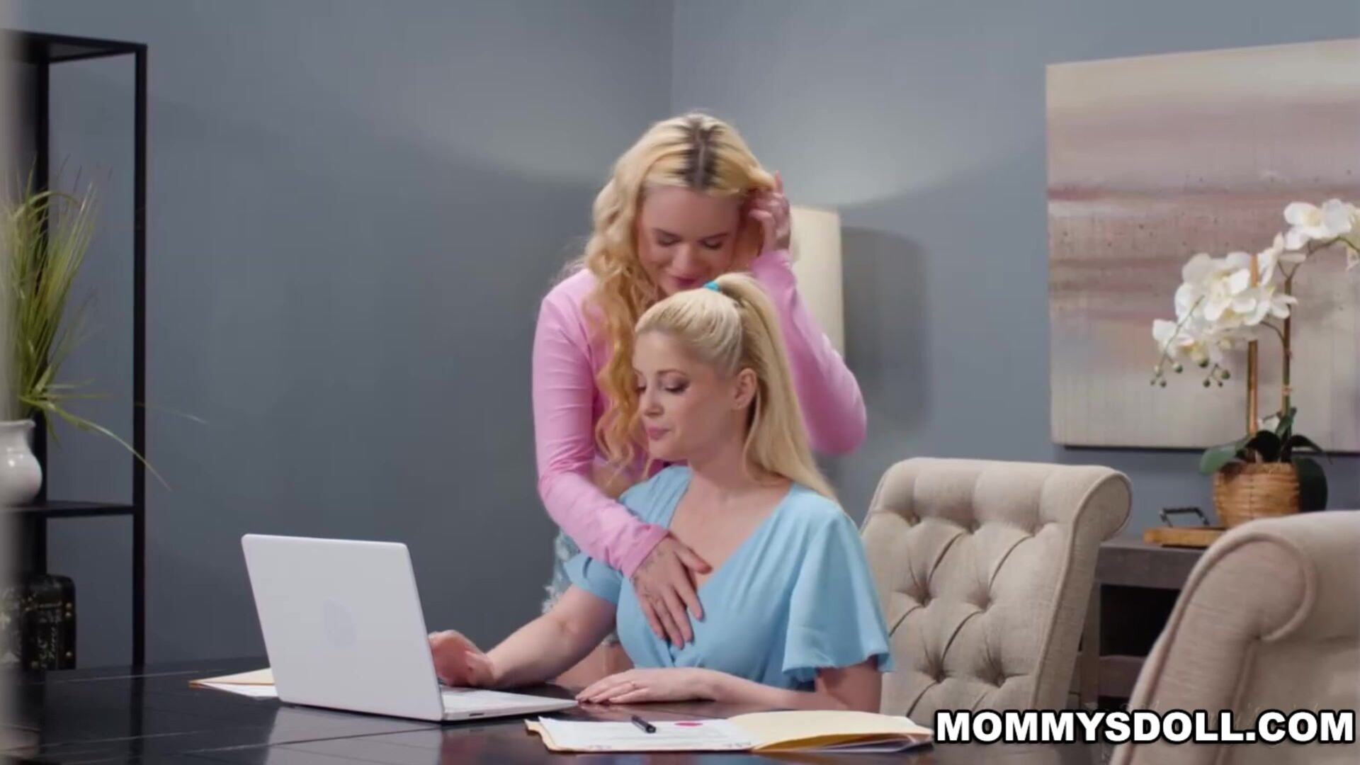Khloe goes under the table and eats Charlotte out - girlsway - blonde - natural tits - small tits - 69 - tattoos - tribbing - interracial - ass - lesbian
