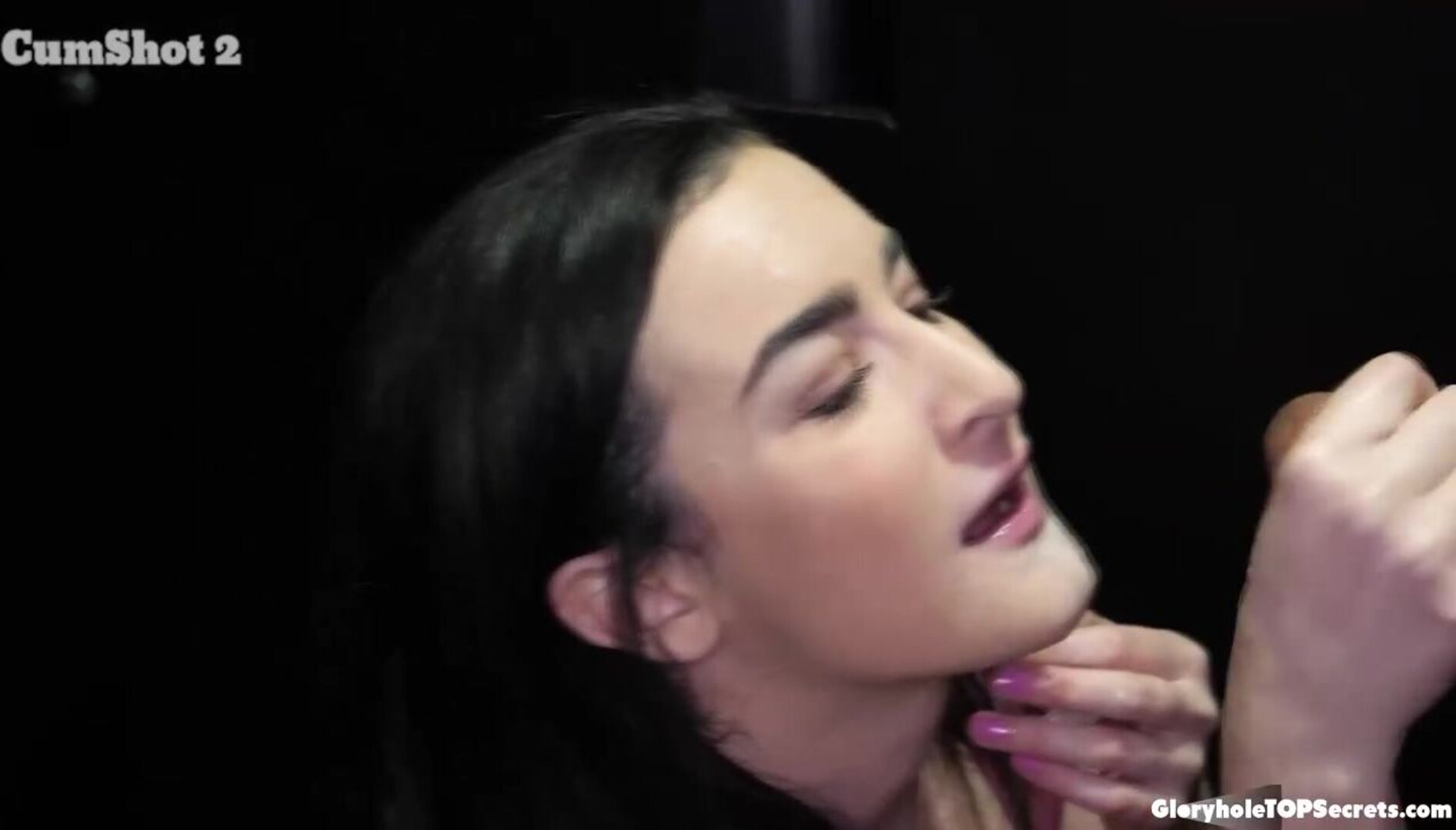 Damn Lyra, right in your fucking EYE! - gloryhole - brunette - big tits - blowjob - oral - deepthroat - cumshot - facial - cum swallowing - cum on tongue