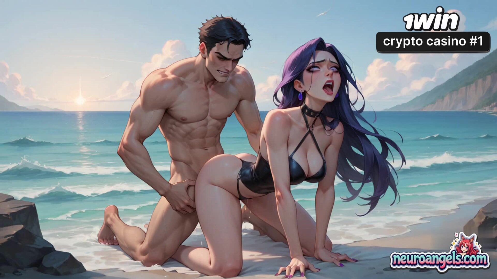 Purple passions drive ocean waves to beach sex, a insane gonzo XXX affair! - romantic - hardcore - wave - hair - ocean - beach - ai generated - sex - purple