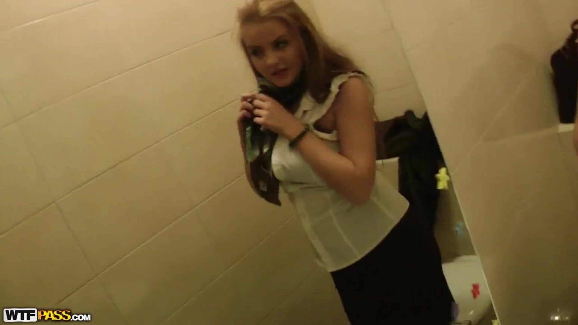 Cute Russian fucked in public toilet - toilet - natural boobs - blowjob - shaved pussy - swallow