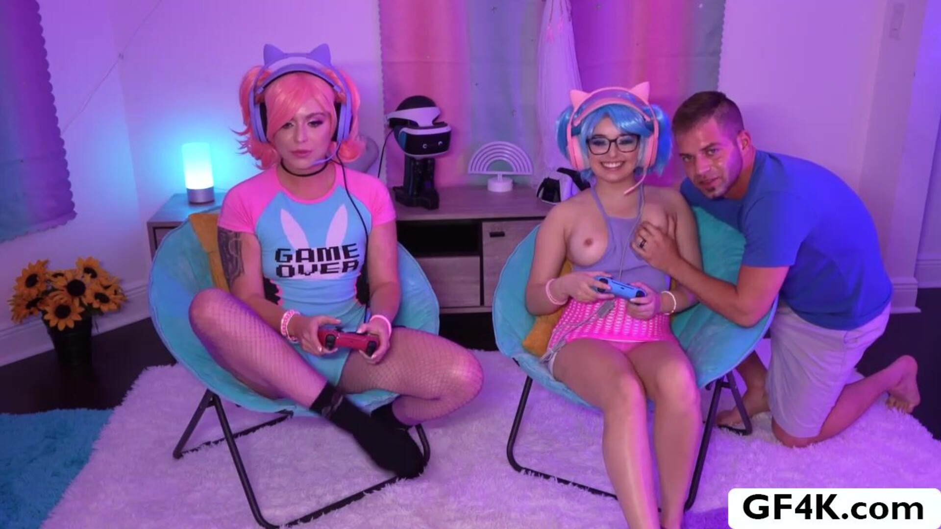 Hot gfs playing games and fuck threesome - girlfriend - teen - threesome - blowjob - masturbation - fingering - natural tits - tattoo - fishnet - colored hair