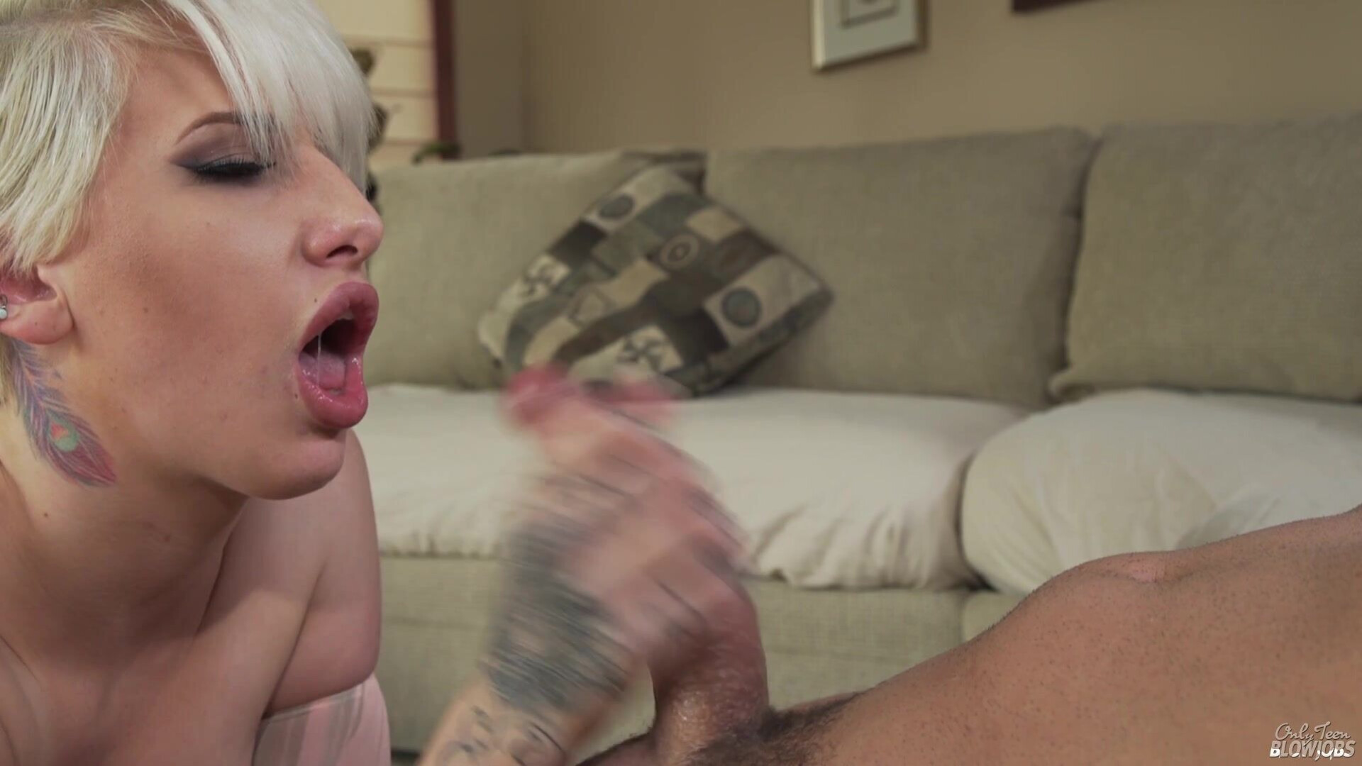 Tattooed Teen - pov - blowjob - short hair - tattoo - sucking - licking - stroking - cumshot - swallow - facial