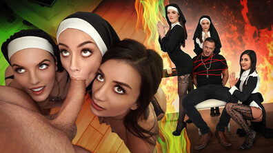 Natalie Brooks, Selena Love, Fiona Frost - Three Horny Nuns Fuck the Devil Out of Him - BFFS - BFFS - natural tits - small tits - high heels - black - blowjob - brunette - latina - masturbation - tits