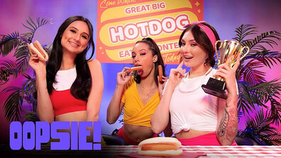 Eliza Ibarra, Alexis Tae and Charlotte Sins - Hot Dong Eating Contest - Oopsie - Oopsie - small tits - fetish - black - brunette - interracial - latina - lesbian - rimming - tattoo