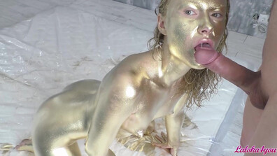 Laloka4you - Beauty In Gold Paint Sucks Cock And Fuck - ManyVids - pov - blowjob - blonde - small tits - natural tits - big dick