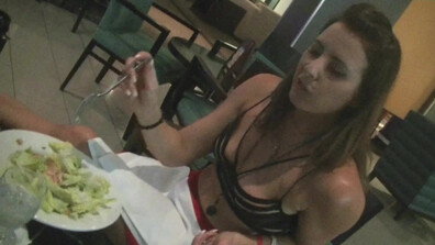 Helenas Cock Quest - Helena Eating 2 Public Restaurant - ManyVids - public - milf - brunette - dirty talk - big tits - natural tits