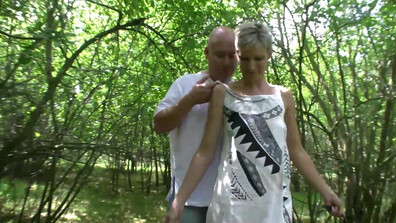 Fair haired, mature female is pleasured sexually in an open air setting - blowjob - mature - stockings - milf - pov - outdoor - doggy style - eating pussy - threesome - short hair
