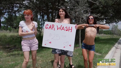 Public Handjobs Sexy Wet Fivesome Car Wash - handjob - public - brunette - redhead - group - public handjobs