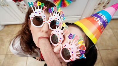 Melody Mynx and Tifa Quinn Blowjob Birthday Party - milf - mylf - threesome - kitchen - blowjob - party - big dick - big tits - oral - old young