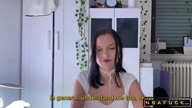 Sexy Brunette in White Lingerie Teases and Fucks on Bed - brunette - lingerie - tattoo - thigh highs - kitchen - bedroom - tease - kissing - fingering - doggystyle
