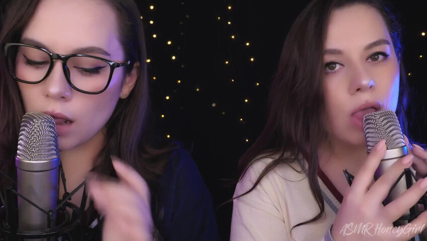 ASMR Honeygirl - Two girlfriends lick ears! One is shy, the other likes it