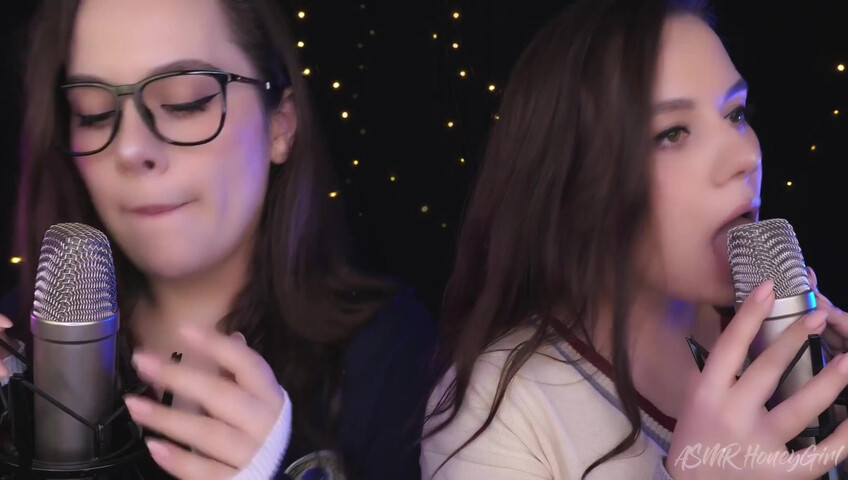 ASMR Honeygirl - Two girlfriends lick ears! One is shy, the other likes it