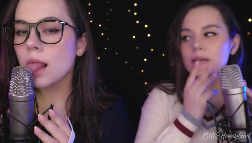 ASMR Honeygirl - Two girlfriends lick ears! One is shy, the other likes it