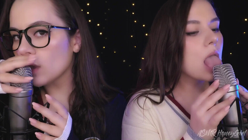 ASMR Honeygirl - Two girlfriends lick ears! One is shy, the other likes it