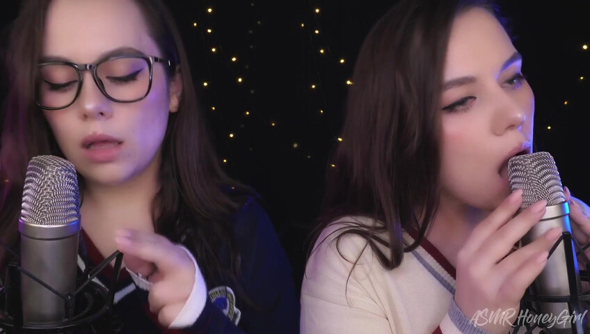 ASMR Honeygirl - Two girlfriends lick ears! One is shy, the other likes it