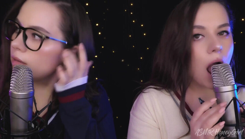 ASMR Honeygirl - Two girlfriends lick ears! One is shy, the other likes it