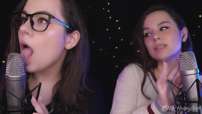 ASMR Honeygirl - Two girlfriends lick ears! One is shy, the other likes it