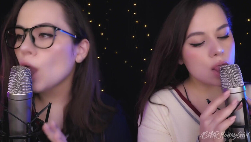 ASMR Honeygirl - Two girlfriends lick ears! One is shy, the other likes it