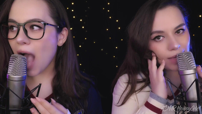 ASMR Honeygirl - Two girlfriends lick ears! One is shy, the other likes it