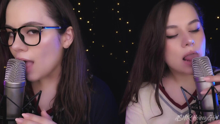 ASMR Honeygirl - Two girlfriends lick ears! One is shy, the other likes it