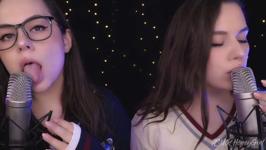 ASMR Honeygirl - Two girlfriends lick ears! One is shy, the other likes it