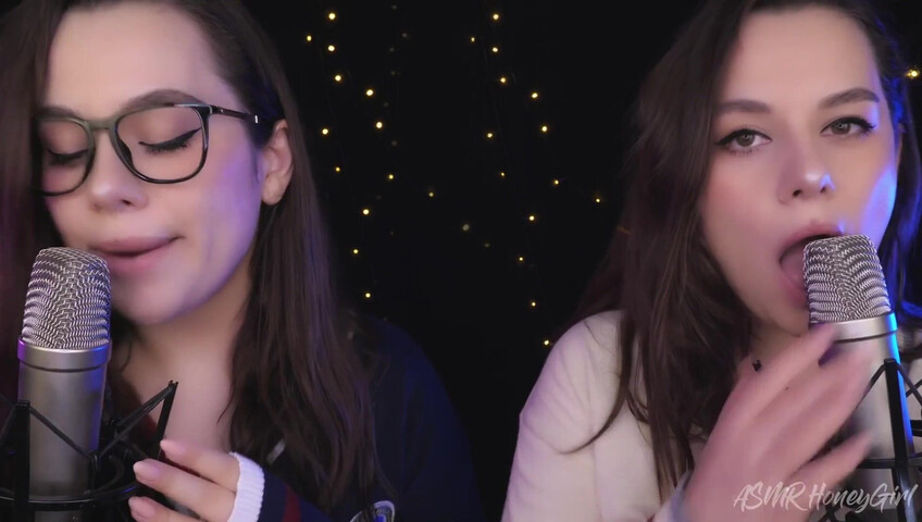 ASMR Honeygirl - Two girlfriends lick ears! One is shy, the other likes it