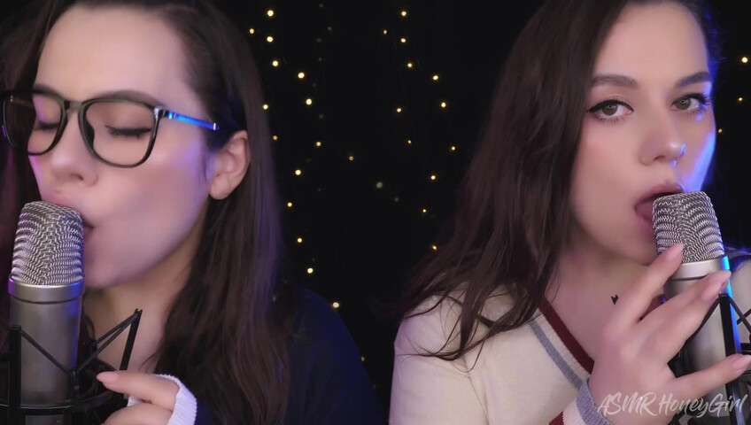 ASMR Honeygirl - Two girlfriends lick ears! One is shy, the other likes it