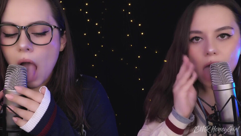 ASMR Honeygirl - Two girlfriends lick ears! One is shy, the other likes it