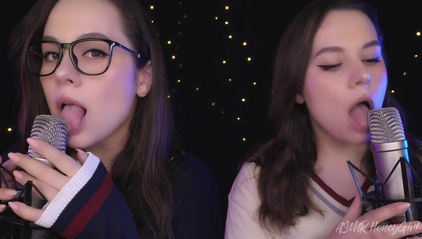 ASMR Honeygirl - Two girlfriends lick ears! One is shy, the other likes it
