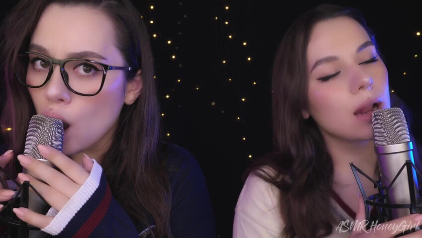 ASMR Honeygirl - Two girlfriends lick ears! One is shy, the other likes it