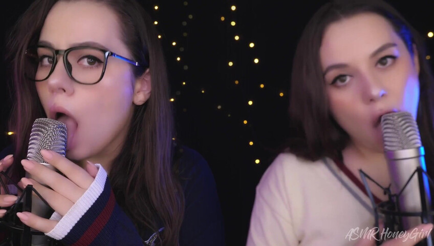 ASMR Honeygirl - Two girlfriends lick ears! One is shy, the other likes it