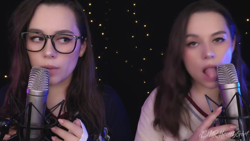 ASMR Honeygirl - Two girlfriends lick ears! One is shy, the other likes it