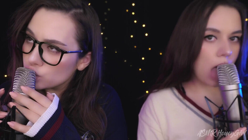 ASMR Honeygirl - Two girlfriends lick ears! One is shy, the other likes it