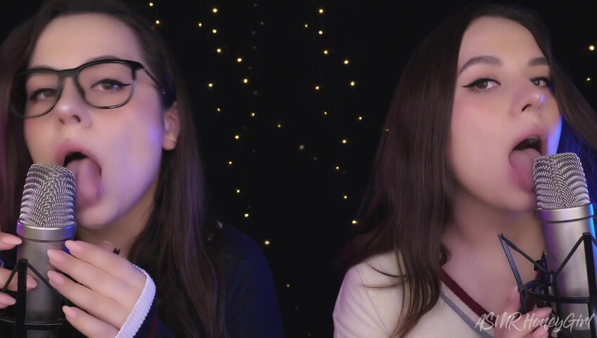 ASMR Honeygirl - Two girlfriends lick ears! One is shy, the other likes it