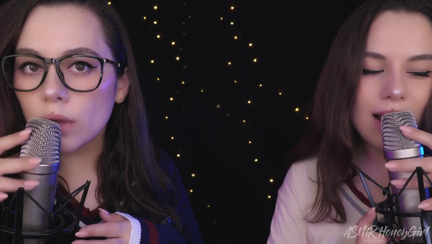 ASMR Honeygirl - Two girlfriends lick ears! One is shy, the other likes it