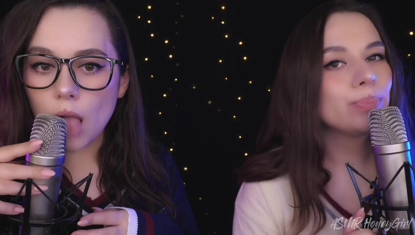 ASMR Honeygirl - Two girlfriends lick ears! One is shy, the other likes it