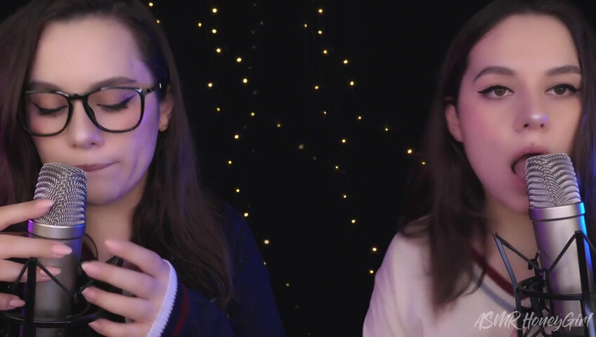 ASMR Honeygirl - Two girlfriends lick ears! One is shy, the other likes it