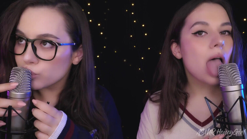ASMR Honeygirl - Two girlfriends lick ears! One is shy, the other likes it