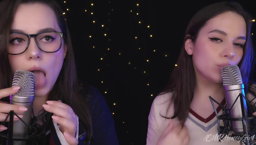 ASMR Honeygirl - Two girlfriends lick ears! One is shy, the other likes it