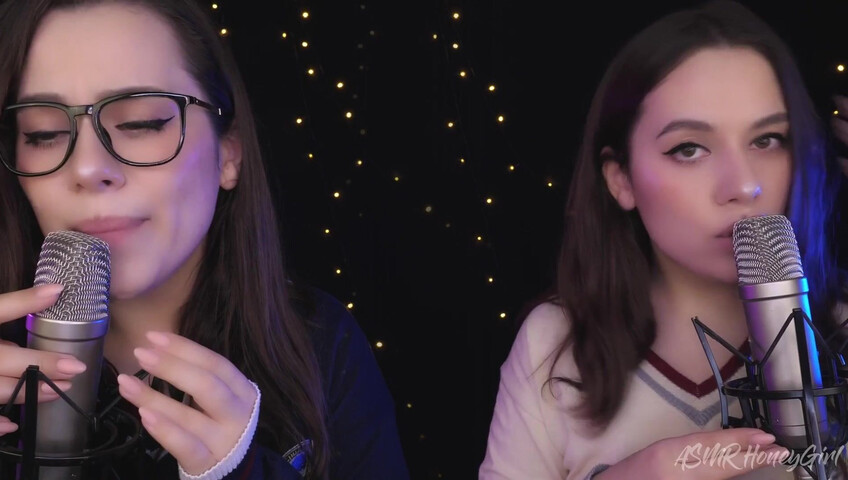 ASMR Honeygirl - Two girlfriends lick ears! One is shy, the other likes it