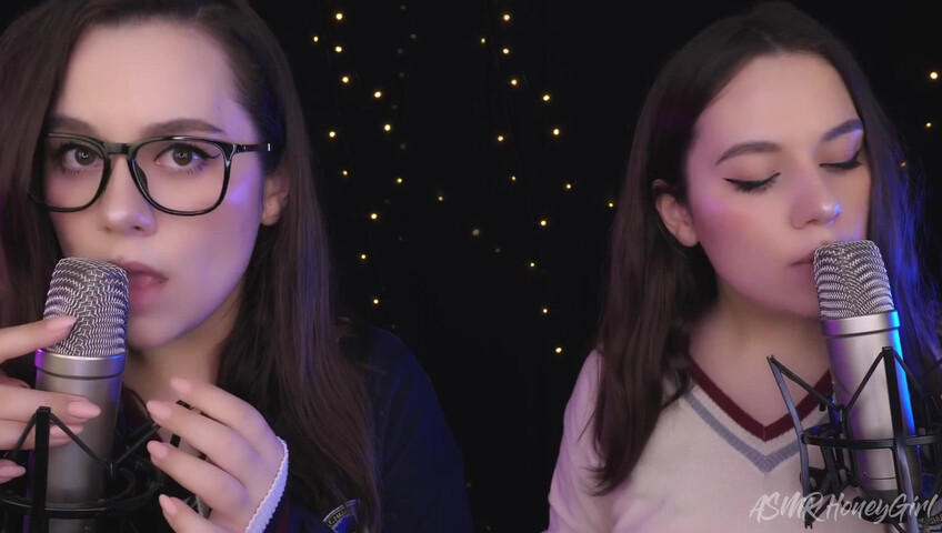 ASMR Honeygirl - Two girlfriends lick ears! One is shy, the other likes it