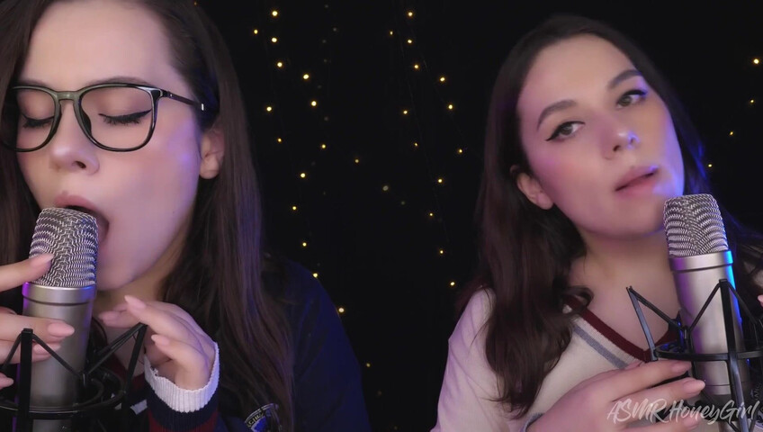 ASMR Honeygirl - Two girlfriends lick ears! One is shy, the other likes it