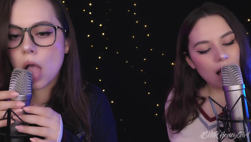 ASMR Honeygirl - Two girlfriends lick ears! One is shy, the other likes it