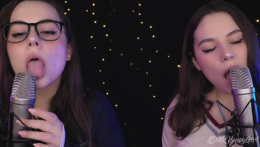 ASMR Honeygirl - Two girlfriends lick ears! One is shy, the other likes it