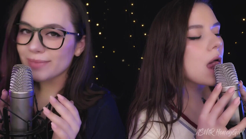 ASMR Honeygirl - Two girlfriends lick ears! One is shy, the other likes it