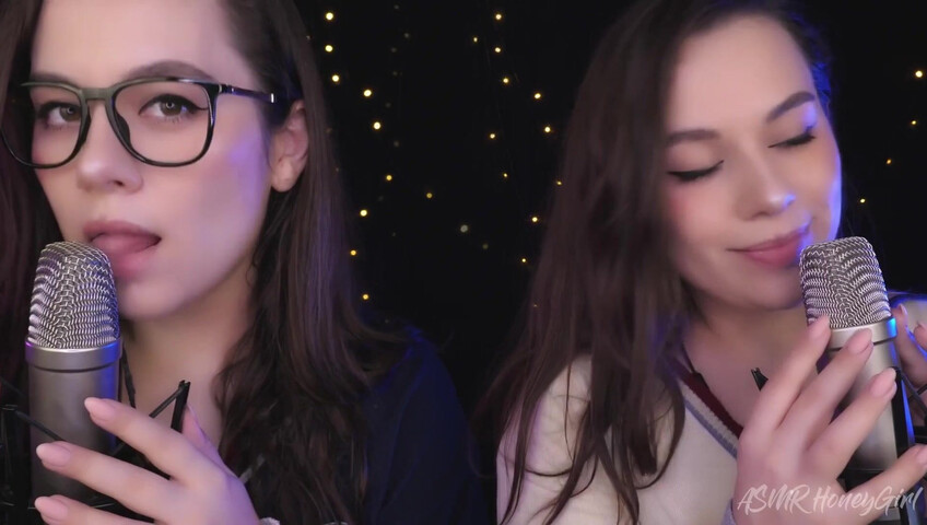 ASMR Honeygirl - Two girlfriends lick ears! One is shy, the other likes it