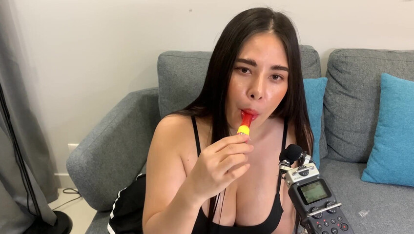 ASMR Wan - ASMR licking Push Pop and diamond ring - Oiled Boobs
