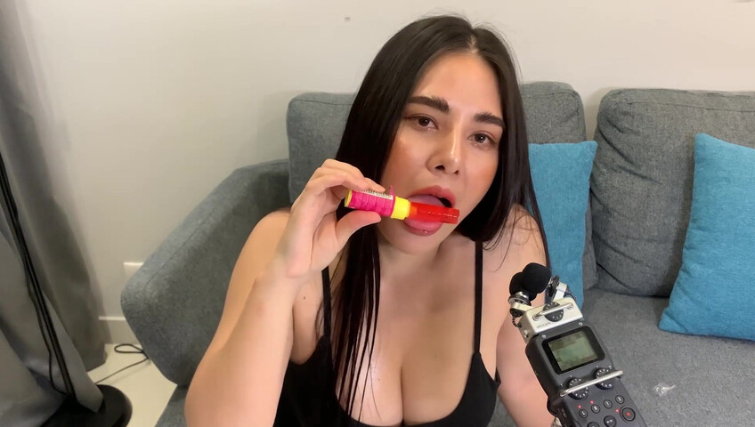 ASMR Wan - ASMR licking Push Pop and diamond ring - Oiled Boobs