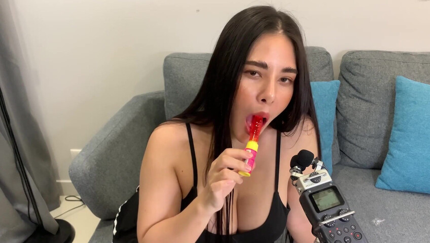 ASMR Wan - ASMR licking Push Pop and diamond ring - Oiled Boobs