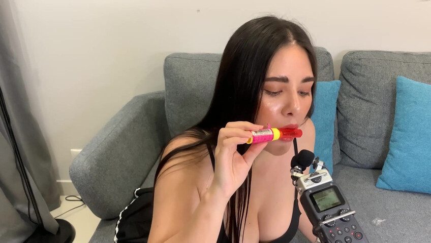 ASMR Wan - ASMR licking Push Pop and diamond ring - Oiled Boobs